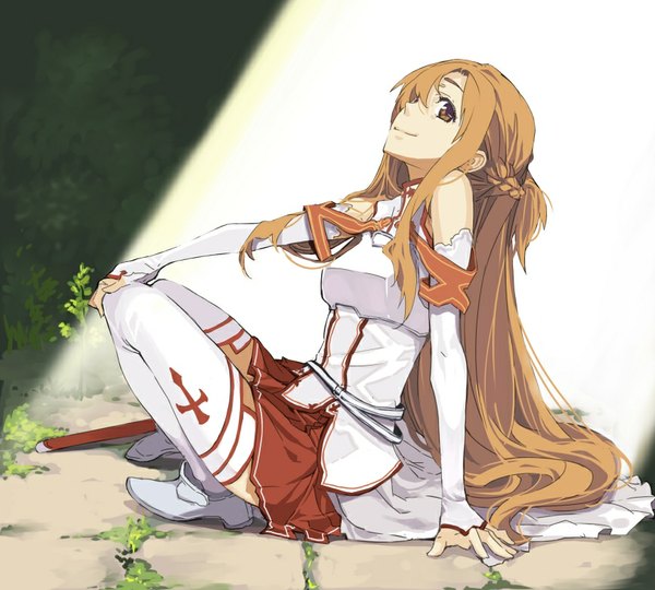 Anime picture 867x781 with sword art online a-1 pictures yuuki asuna murasaki hisato single long hair looking at viewer fringe breasts blonde hair smile sitting bare shoulders brown eyes bent knee (knees) braid (braids) long sleeves profile pleated skirt sunlight