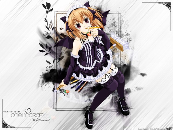 Anime picture 1280x960 with pia carrot aizawa tomomi honchay map (blue catty) single looking at viewer short hair brown hair purple eyes signed full body from above two side up third-party edit girl thighhighs dress black thighhighs detached sleeves frills