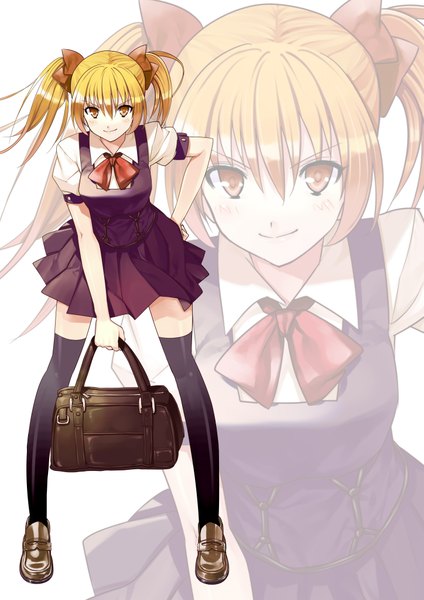 Anime picture 2893x4092 with original gaou (umaiyo puyoman) long hair tall image highres blonde hair smile twintails yellow eyes hand on hip zoom layer girl thighhighs uniform bow black thighhighs school uniform