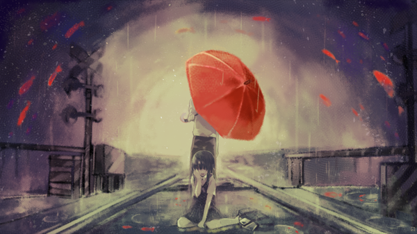 Anime picture 900x506 with vocaloid gumi itamidome long hair black hair wide image rain crying hair over eyes railroad crossing girl boy uniform school uniform umbrella bag