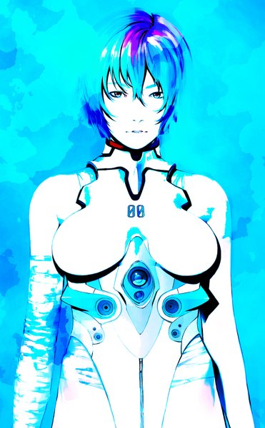 Anime picture 1000x1618 with neon genesis evangelion gainax ayanami rei iwai ryo single tall image short hair blue eyes blue hair blue background girl bodysuit