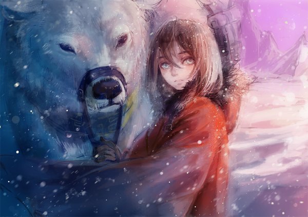 Anime picture 1000x707 with original guan tang baozi single fringe short hair brown hair holding grey eyes snowing winter snow girl gloves animal fur hood winter clothes bear polar bear