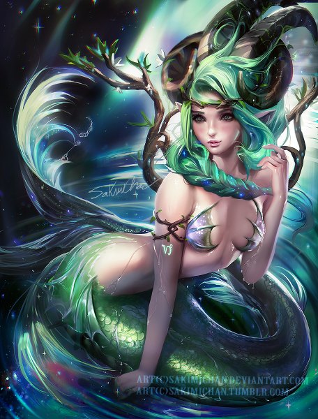 Anime picture 912x1200 with original sakimichan single long hair tall image breasts light erotic sitting green eyes looking away braid (braids) parted lips horn (horns) lips pointy ears realistic wet thighs single braid eyeshadow