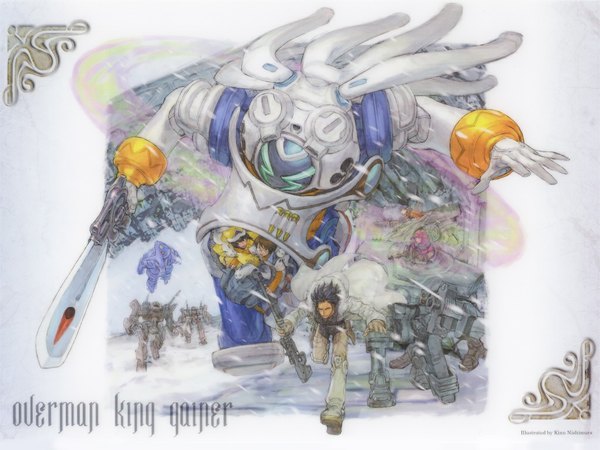 Anime picture 1024x768 with overman king gainer king gainer wallpaper snowing winter snow sword gun mecha gain bijou gainer sanga