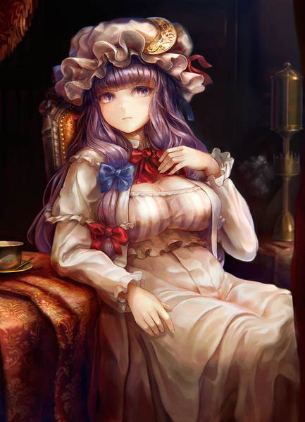 Anime picture 1300x1801 with touhou patchouli knowledge tocope single long hair tall image looking at viewer breasts large breasts sitting purple eyes purple hair indoors hand on chest girl dress ribbon (ribbons) bow hair bow hat