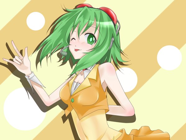 Anime picture 1600x1200 with vocaloid gumi single looking at viewer short hair simple background green eyes upper body one eye closed green hair wink bare belly arm behind back pointing girl tongue headset