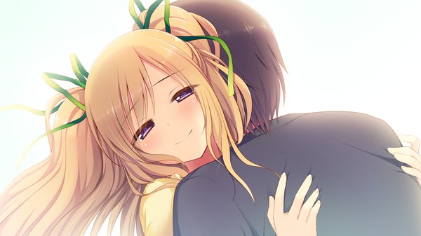 Anime picture 1280x720 with aisare roommate shidou aisha long hair blush blonde hair smile wide image white background purple eyes game cg couple hug girl boy ribbon (ribbons) hair ribbon