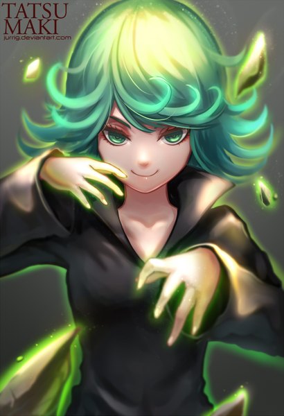 Anime picture 1100x1607 with one-punch man madhouse tatsumaki jurrig single long hair tall image looking at viewer smile green eyes green hair inscription grey background character names glowing girl dress