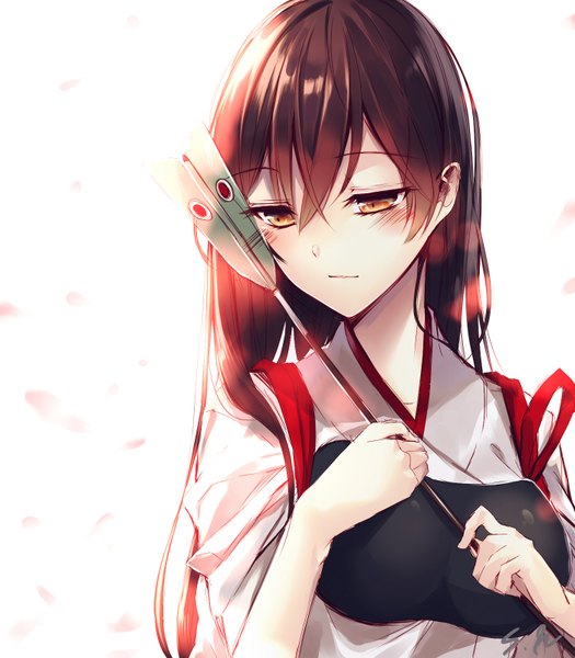 Anime picture 1400x1600 with kantai collection akagi aircraft carrier saijou haruki single long hair tall image blush fringe simple background brown hair holding brown eyes signed traditional clothes japanese clothes looking down girl armor arrow (arrows) breastplate