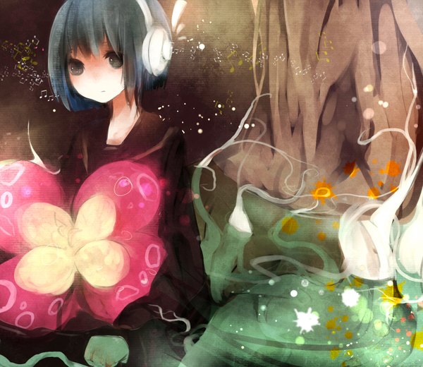 Anime picture 1500x1300 with utau nene nene mukuno (pixiv2165152) single short hair brown eyes blue hair black eyes no nose girl uniform flower (flowers) plant (plants) school uniform tree (trees) water serafuku headphones