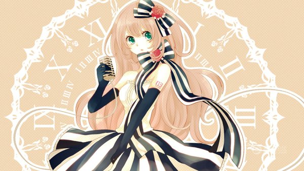 Anime picture 1600x900 with vocaloid megurine luka single long hair blonde hair brown hair wide image bare shoulders green eyes looking away very long hair hair flower aqua eyes tattoo wavy hair striped girl dress gloves hair ornament