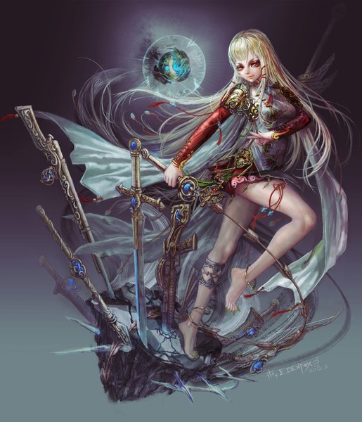 Anime picture 1718x2000 with original edenfox single long hair tall image looking at viewer fringe highres blonde hair red eyes traditional clothes barefoot lips realistic bare legs girl bow weapon sword gun