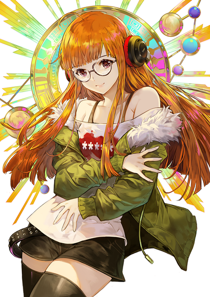 Anime picture 600x849 with persona 5 persona sakura futaba flowerchorus single long hair tall image looking at viewer fringe purple eyes bare shoulders ahoge blunt bangs light smile orange hair off shoulder open jacket zettai ryouiki fur trim floating hair