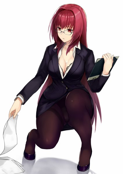 Anime picture 779x1101 with fate (series) fate/grand order scathach (fate) (all) scathach (fate) jirusu single long hair tall image fringe breasts light erotic red eyes large breasts looking away cleavage full body red hair pantyshot alternate costume squat