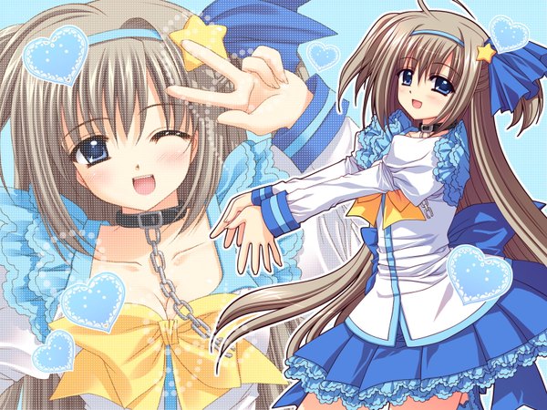 Anime picture 1600x1200 with nishimata aoi long hair blush highres blue eyes brown hair hair ornament ribbon (ribbons) hairclip collar star hair ornament