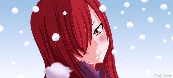 Anime picture 1152x519 with fairy tail erza scarlet khalilxpirates single long hair fringe smile wide image brown eyes red hair hair over one eye coloring snowing close-up face girl fur