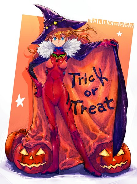 Anime picture 746x1000 with neon genesis evangelion gainax soryu asuka langley boyaking(sbf) single long hair tall image looking at viewer blue eyes simple background smile full body orange hair inscription hand on hip halloween trick or treat girl cape witch hat