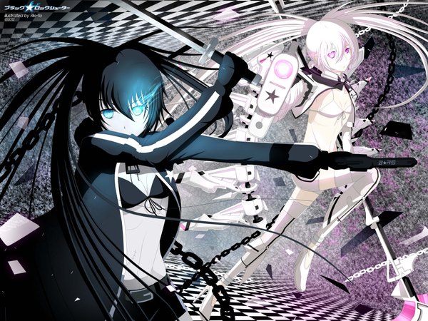 Anime picture 4000x3000 with black rock shooter black rock shooter (character) white rock shooter riki-to long hair highres blue eyes black hair multiple girls absurdres white hair pink eyes inscription glowing glowing eye (eyes) checkered floor checkered girl gloves weapon