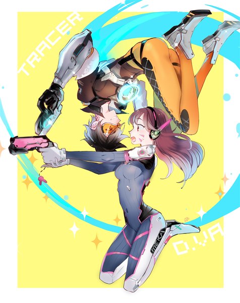 Anime picture 1000x1260 with overwatch blizzard entertainment d.va (overwatch) tracer (overwatch) shell (pixiv) long hair tall image fringe short hair breasts open mouth smile brown hair multiple girls holding brown eyes full body bent knee (knees) ass profile
