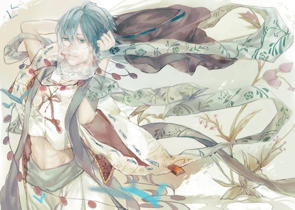 Anime picture 1654x1181 with vocaloid kaito (vocaloid) nibanmachi wakai single fringe short hair traditional clothes aqua eyes wind aqua hair arms up teeth transparent boy flower (flowers) plant (plants) earrings jewelry veil clothes