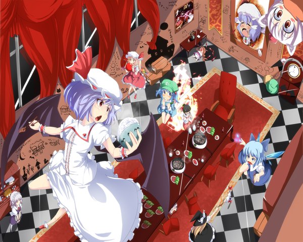 Anime picture 1969x1575 with touhou hakurei reimu flandre scarlet remilia scarlet kirisame marisa izayoi sakuya konpaku youmu patchouli knowledge yakumo yukari cirno inubashiri momiji hong meiling ibuki suika yakumo ran kawashiro nitori meracle (artist) highres open mouth blue eyes blonde hair