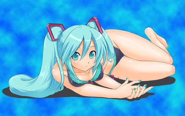 Anime picture 1920x1200 with vocaloid hatsune miku single long hair looking at viewer fringe highres breasts light erotic simple background hair between eyes wide image twintails full body lying nail polish barefoot aqua eyes aqua hair wet