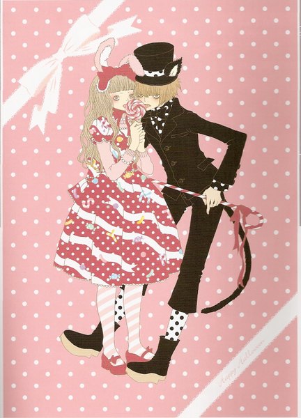 Anime picture 1133x1574 with original kira imai (artist) long hair tall image short hair blonde hair brown eyes animal ears yellow eyes cat ears scan cat tail bunny ears couple polka dot lolita fashion polka dot background curly hair sweet lolita girl