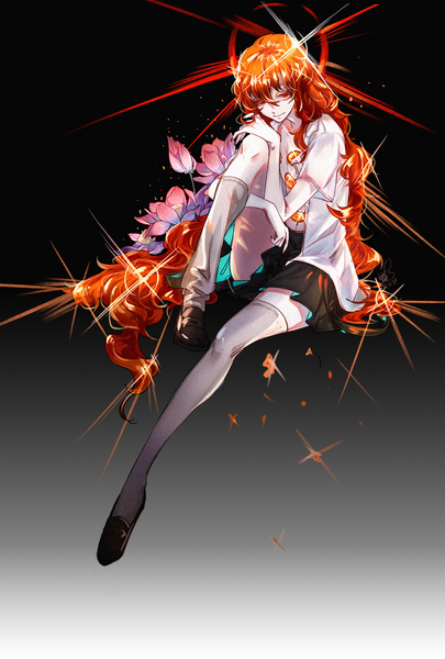 Anime picture 1181x1748 with houseki no kuni padparadscha (houseki no kuni) houraisan chouko single tall image looking at viewer fringe simple background hair between eyes red eyes sitting full body red hair very long hair light smile sparkle open shirt gradient background androgynous curly hair