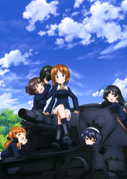 Anime picture 2892x4077 with girls und panzer nishizumi miho akiyama yukari takebe saori reizei mako isuzu hana long hair tall image looking at viewer blush highres short hair black hair brown hair multiple girls brown eyes sky cloud (clouds) scan official art