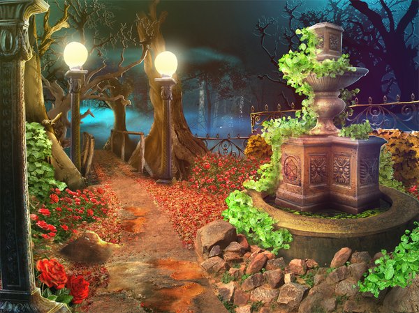 Anime picture 1067x800 with original wolfewolf (arist) night night sky no people fog abandoned plant (plants) tree (trees) rose (roses) lantern fence stone (stones) road lamppost fountain garden