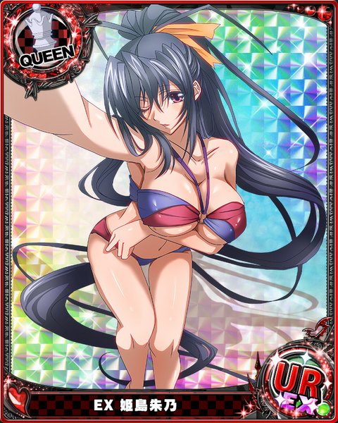 Anime picture 640x800 with highschool dxd himejima akeno single tall image looking at viewer breasts light erotic black hair large breasts purple eyes cleavage ponytail very long hair one eye closed wink card (medium) girl swimsuit bikini