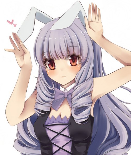 Anime picture 1000x1181 with show by rock!! studio bones chuchu (show by rock!!) nikitan single long hair tall image blush fringe simple background red eyes white background animal ears purple hair arms up bunny ears sleeveless :3 bunny pose girl