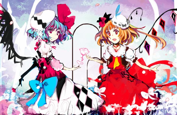 Anime picture 1500x977 with touhou flandre scarlet remilia scarlet hafuri (artist) short hair open mouth blonde hair smile red eyes multiple girls blue hair one side up girl dress hair ornament flower (flowers) bow 2 girls hair bow hat