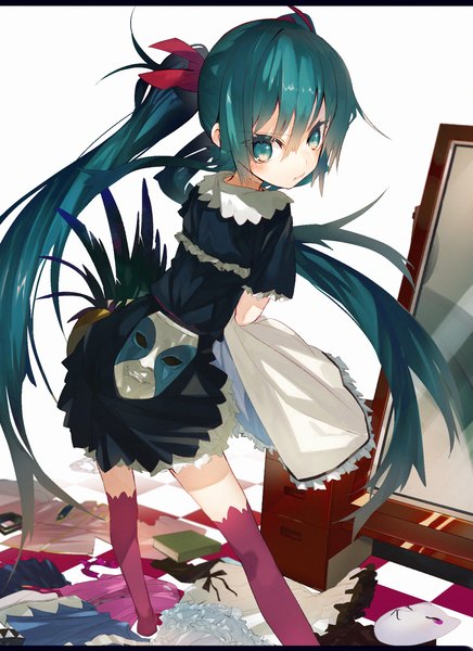 Anime picture 1455x2000 with vocaloid hatsune miku karei (hirameme) single long hair tall image looking at viewer twintails long sleeves looking back aqua eyes aqua hair alternate costume zettai ryouiki turning head letterboxed girl dress ribbon (ribbons) hair ribbon
