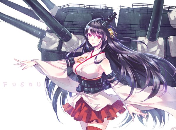 Anime picture 877x650 with kantai collection fusou battleship nishimura eri single long hair looking at viewer blush fringe breasts black hair simple background red eyes large breasts white background traditional clothes japanese clothes wind wide sleeves character names sideboob