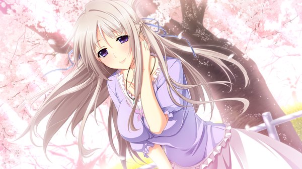Anime picture 1280x720 with hatsukoi 1/1 makabe midori koizumi amane long hair wide image purple eyes game cg white hair cherry blossoms girl dress petals