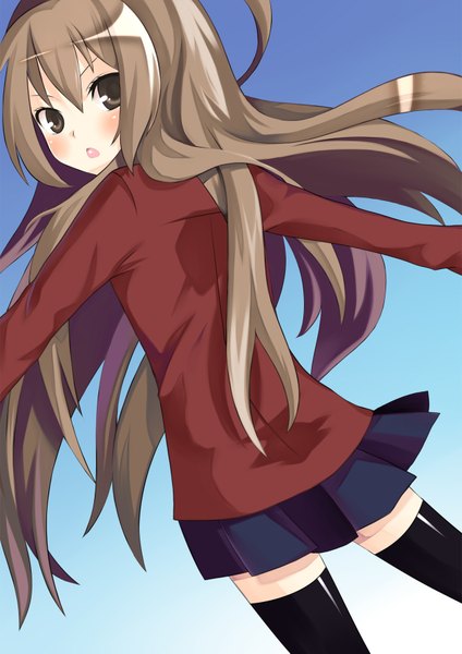 Anime picture 1240x1753 with toradora j.c. staff aisaka taiga hanasaki mahiru single long hair tall image blush open mouth simple background brown hair brown eyes long sleeves pleated skirt angry girl thighhighs uniform black thighhighs school uniform