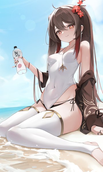 Anime picture 3000x5000 with genshin impact hu tao (genshin impact) berserker r single long hair tall image looking at viewer blush fringe highres breasts light erotic red eyes brown hair sitting twintails bare shoulders holding sky cloud (clouds)