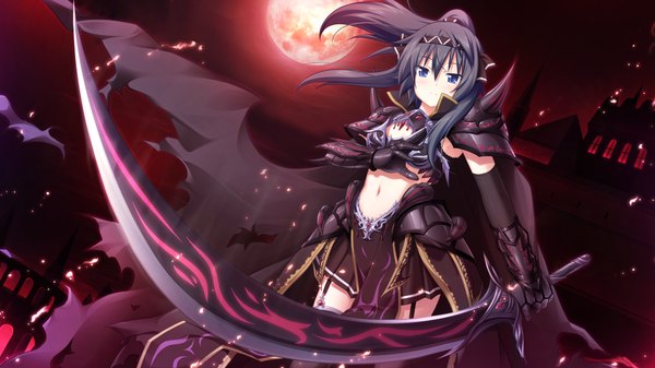 Anime picture 1024x576 with soukoku no arterial single long hair blue eyes black hair wide image game cg ponytail red moon girl thighhighs gloves navel weapon black thighhighs sword elbow gloves hairband