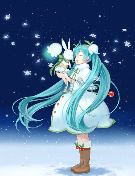 Anime picture 1000x1300 with vocaloid hatsune miku yuki miku rabbit yukine yuki miku (2015) habuki single tall image open mouth twintails eyes closed very long hair nail polish hair flower aqua hair snowing singing girl hair ornament flower (flowers)