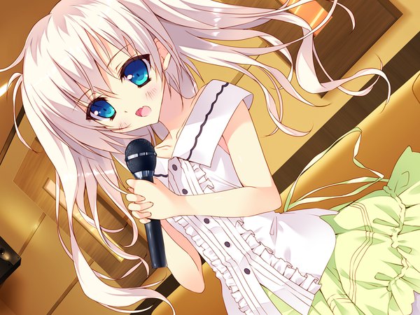 Anime picture 1280x960 with chiisana kanojo no serenade katagai shione tsurusaki takahiro single long hair blush open mouth blue eyes game cg white hair girl dress microphone