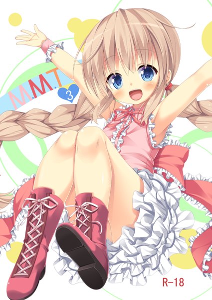 Anime picture 1032x1457 with original asa no ha single long hair tall image looking at viewer blush open mouth blue eyes blonde hair braid (braids) loli girl dress boots frills