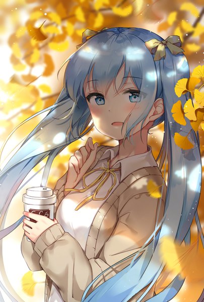 Anime picture 1181x1748 with vocaloid hatsune miku douya (233) single long hair tall image looking at viewer blush open mouth blue eyes twintails blue hair upper body wind shaded face autumn girl bow hair bow leaf (leaves)