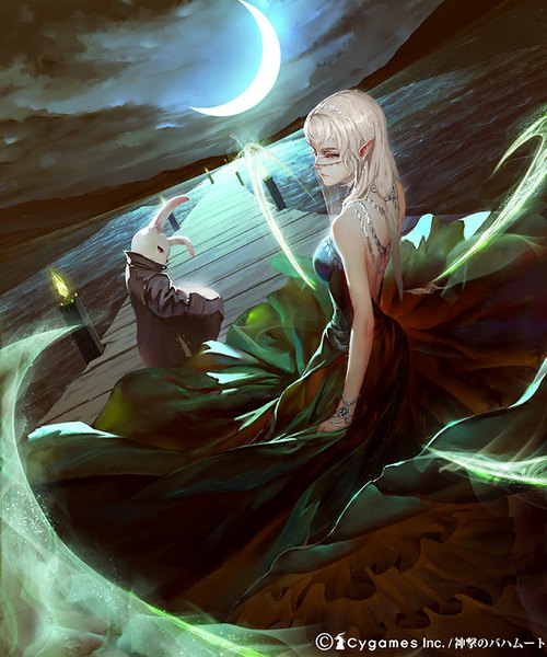 Anime picture 704x845 with rui li long hair tall image looking at viewer fringe red eyes standing bare shoulders green eyes white hair looking back night night sky mountain bare back glow hands in pockets crescent girl dress