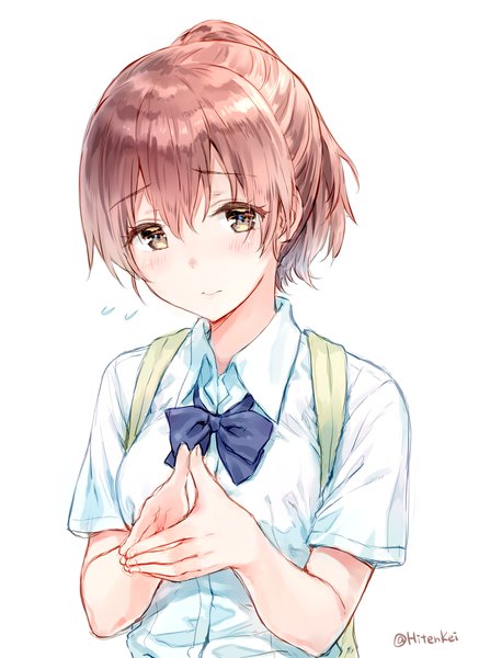 Anime picture 800x1096 with koe no katachi kyoto animation nishimiya shouko hiten (hitenkei) single tall image looking at viewer blush fringe short hair simple background hair between eyes brown hair white background brown eyes signed upper body ponytail embarrassed fingers together