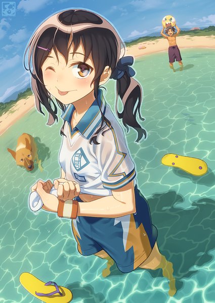 Anime picture 708x1000 with original aoi sora (pairan) pairan long hair tall image blush short hair open mouth black hair smile twintails brown eyes sky cloud (clouds) one eye closed wink wet clothes :p wringing clothes girl