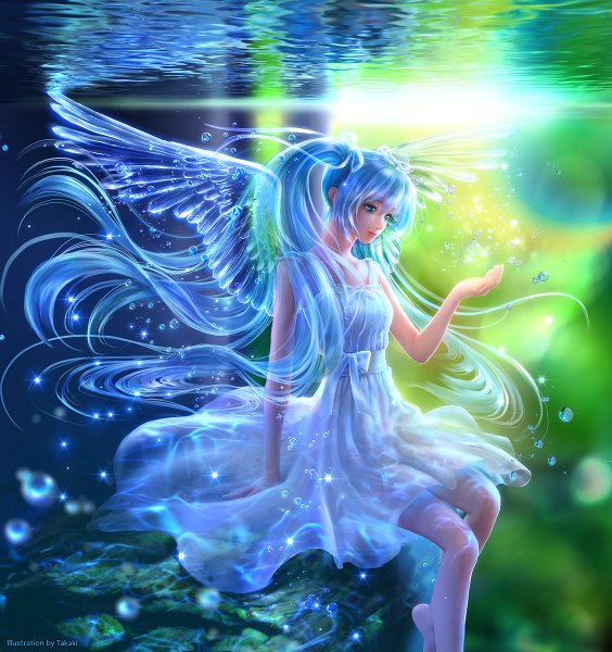 Anime picture 1128x1200 with vocaloid hatsune miku takashi mare long hair tall image blue eyes twintails blue hair underwater girl dress ribbon (ribbons) hair ribbon wings bubble (bubbles)