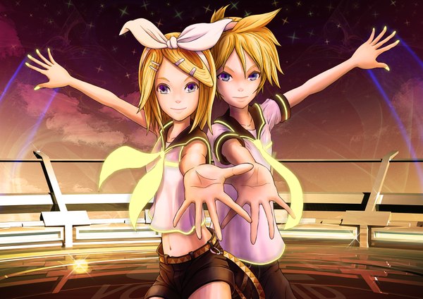 Anime picture 1800x1273 with vocaloid kagamine rin kagamine len minusion highres short hair blonde hair purple eyes cloud (clouds) outstretched arm back to back girl boy navel hair ornament bow hair bow necktie shorts hairclip