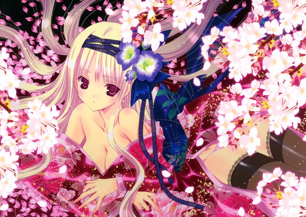 Anime picture 4251x3019 with original nanase aoi single long hair highres light erotic blonde hair red eyes bare shoulders absurdres japanese clothes girl thighhighs flower (flowers) black thighhighs petals hairband kimono