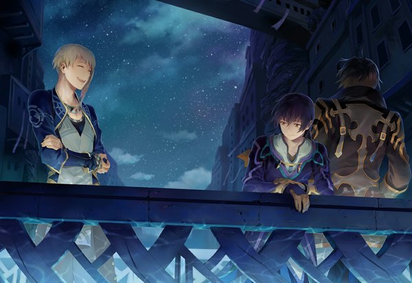 Anime picture 1150x792 with tales of (series) tales of xillia jude mathis alvin (tales of xillia) klein schall rnia (artist) short hair blonde hair smile brown hair brown eyes purple hair eyes closed from behind night night sky group crossed arms asymmetrical hair boy